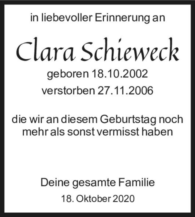  Traueranzeige für Clara Schieweck  vom 19.10.2020 aus Magdeburger Volksstimme