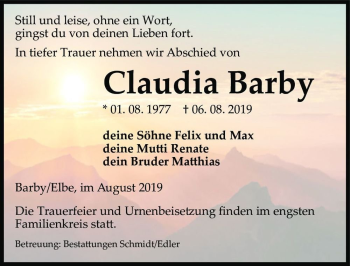 Traueranzeige von Claudia Barby  von Magdeburger Volksstimme