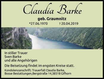 Traueranzeige von Claudia Barke (geb. Graumnitz)  von Magdeburger Volksstimme