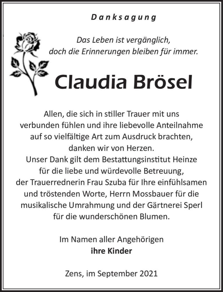  Traueranzeige für Claudia Brösel  vom 11.09.2021 aus Magdeburger Volksstimme