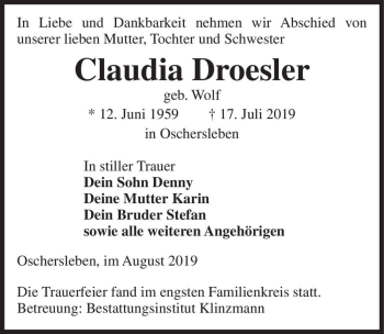 Traueranzeige von Claudia Droesler (geb. Wolf)  von Magdeburger Volksstimme