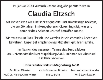 Traueranzeige von Claudia Eltzsch  von Magdeburger Volksstimme