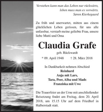 Traueranzeige von Claudia Grafe (geb. Rückwardt)  von Magdeburger Volksstimme