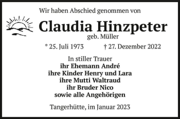 Traueranzeige von Claudia Hinzpeter (geb. Müller)  von Magdeburger Volksstimme