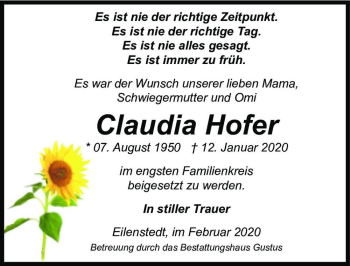 Traueranzeige von Claudia Hofer  von Magdeburger Volksstimme