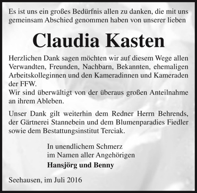  Traueranzeige für Claudia Kasten  vom 09.07.2016 aus Magdeburger Volksstimme