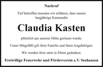 Traueranzeige von Claudia Kasten  von Magdeburger Volksstimme