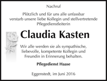 Traueranzeige von Claudia Kasten  von Magdeburger Volksstimme