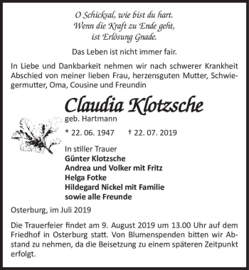 Traueranzeige von Claudia Klotzsche (geb. Hartmann)  von Magdeburger Volksstimme