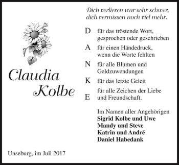 Traueranzeige von Claudia Kolbe  von Magdeburger Volksstimme
