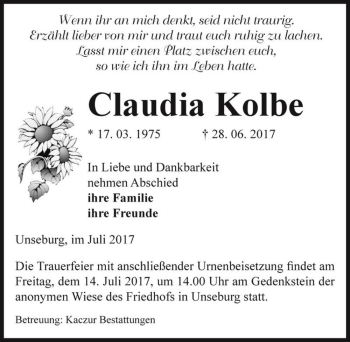 Traueranzeige von Claudia Kolbe  von Magdeburger Volksstimme