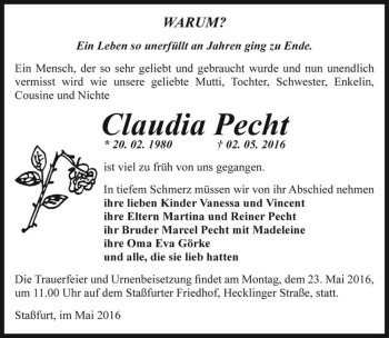 Traueranzeige von Claudia Pecht  von Magdeburger Volksstimme