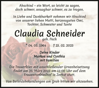 Traueranzeige von Claudia Schneider (geb. Pech)  von Magdeburger Volksstimme