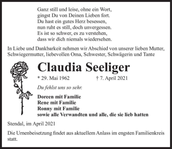 Traueranzeige von Claudia Seeliger  von Magdeburger Volksstimme