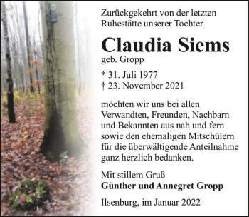 Traueranzeige von Claudia Siems (geb. Gropp)  von Magdeburger Volksstimme
