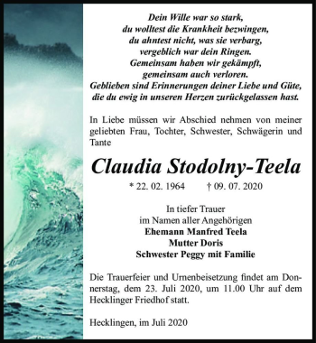 Traueranzeige von Claudia Stodolny-Teela  von Magdeburger Volksstimme