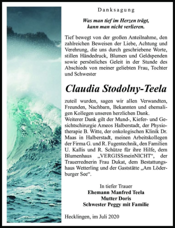 Traueranzeige von Claudia Stodolny-Teela  von Magdeburger Volksstimme