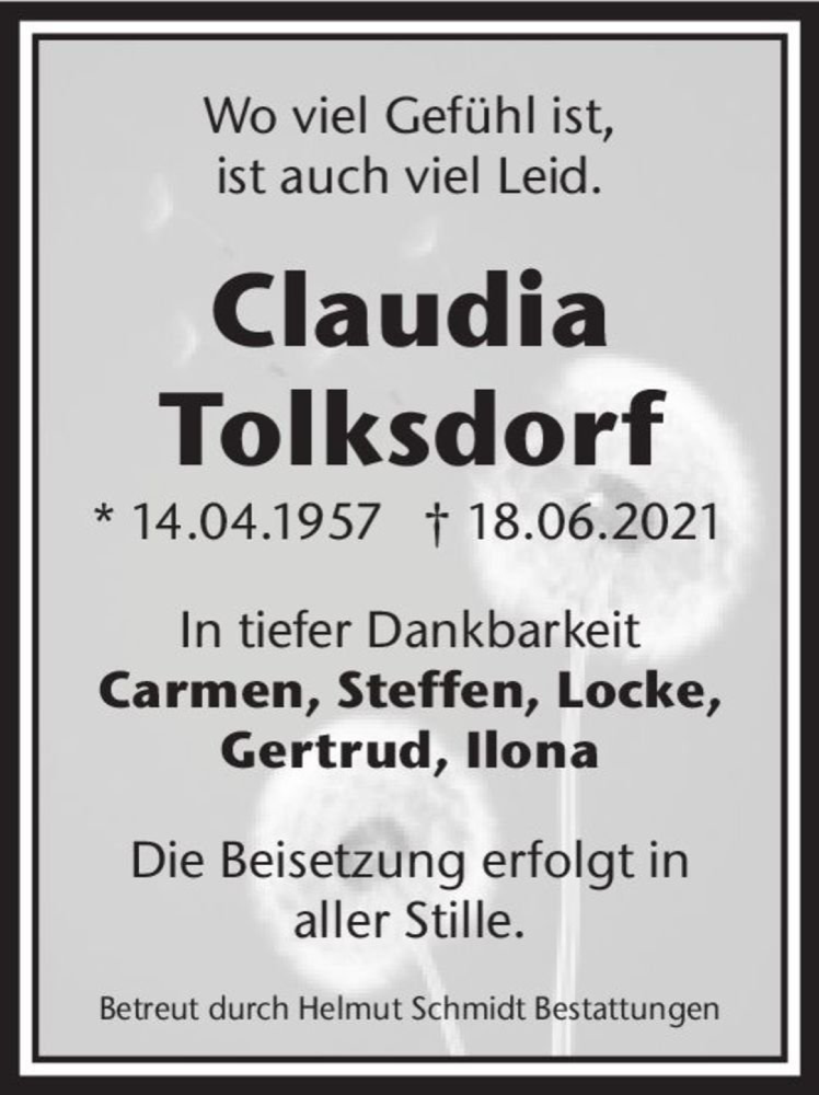  Traueranzeige für Claudia Tolksdorf  vom 26.06.2021 aus Magdeburger Volksstimme