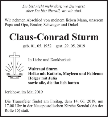 Traueranzeige von Claus-Conrad Sturm  von Magdeburger Volksstimme
