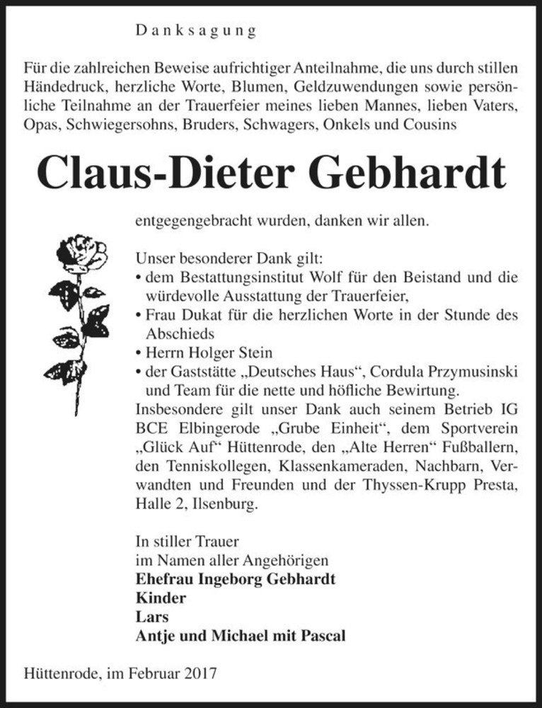  Traueranzeige für Claus-Dieter Gebhardt  vom 04.02.2017 aus Magdeburger Volksstimme
