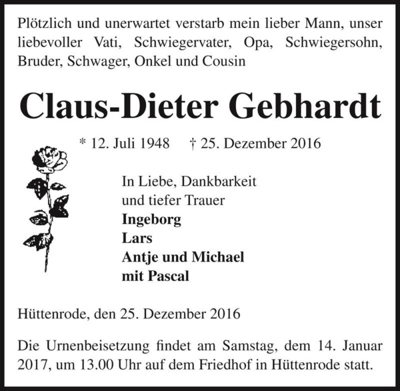  Traueranzeige für Claus-Dieter Gebhardt  vom 31.12.2016 aus Magdeburger Volksstimme