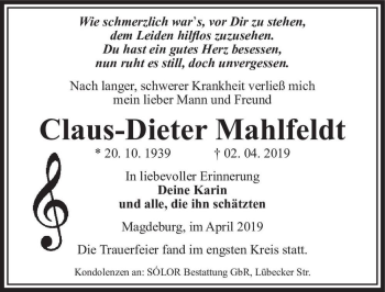 Traueranzeige von Claus-Dieter Mahlfeldt  von Magdeburger Volksstimme