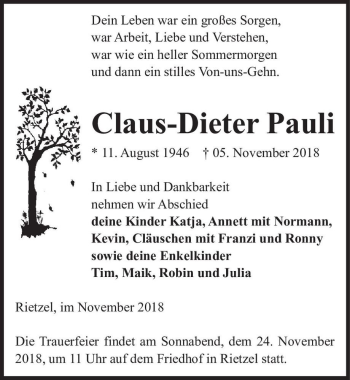 Traueranzeige von Claus-Dieter Pauli  von Magdeburger Volksstimme