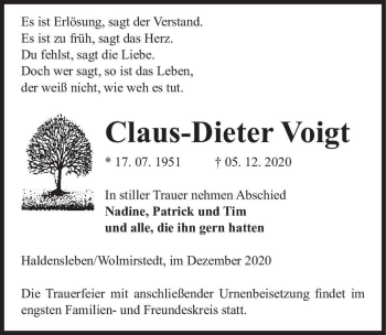 Traueranzeige von Claus-Dieter Voigt  von Magdeburger Volksstimme