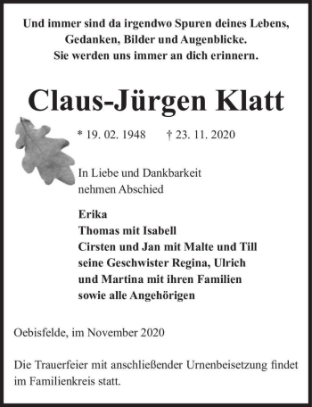 Traueranzeige von Claus-Jürgen Klatt  von Magdeburger Volksstimme