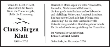 Traueranzeige von Claus-Jürgen Klatt  von Magdeburger Volksstimme