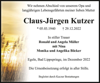 Traueranzeige von Claus-Jürgen Kutzer  von Magdeburger Volksstimme
