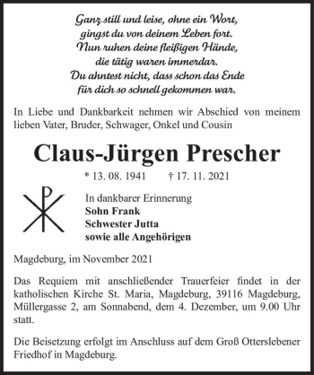 Traueranzeige von Claus-Jürgen Prescher  von Magdeburger Volksstimme