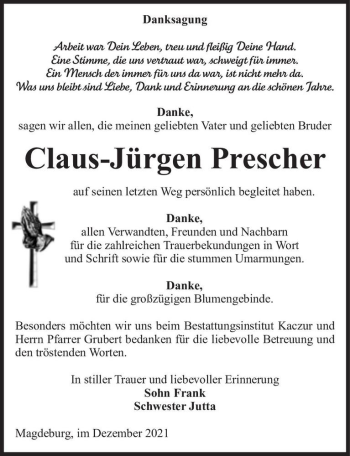 Traueranzeige von Claus-Jürgen Prescher  von Magdeburger Volksstimme