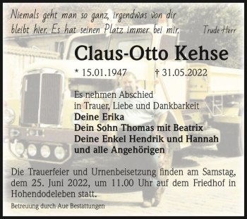 Traueranzeige von Claus-Otto Kehse  von Magdeburger Volksstimme