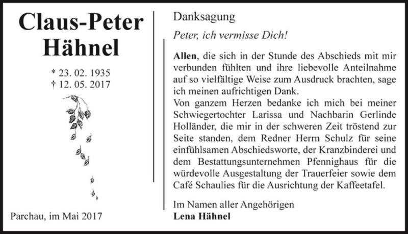  Traueranzeige für Claus-Peter Hähnel  vom 27.05.2017 aus Magdeburger Volksstimme