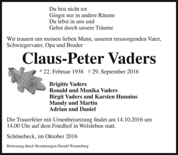 Traueranzeige von Claus-Peter Vaders  von Magdeburger Volksstimme