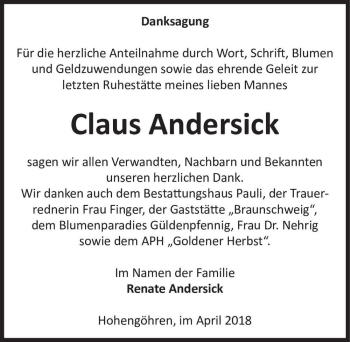Traueranzeige von Claus Andersick  von Magdeburger Volksstimme