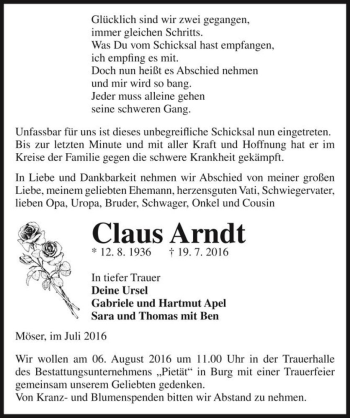 Traueranzeige von Claus Arndt  von Magdeburger Volksstimme