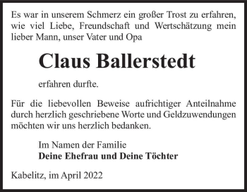 Traueranzeige von Claus Ballerstedt  von Magdeburger Volksstimme