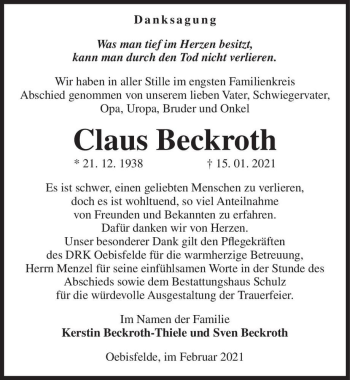 Traueranzeige von Claus Beckroth  von Magdeburger Volksstimme