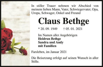Traueranzeige von Claus Bethge  von Magdeburger Volksstimme