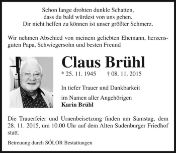Traueranzeige von Claus Brühl  von Magdeburger Volksstimme