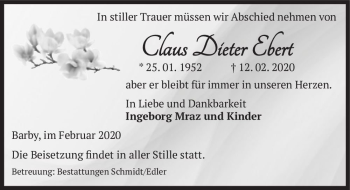 Traueranzeige von Claus Dieter Ebert  von Magdeburger Volksstimme