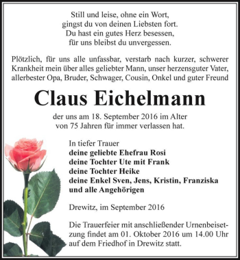 Traueranzeige von Claus Eichelmann  von Magdeburger Volksstimme