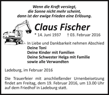 Traueranzeige von Claus Fischer  von Magdeburger Volksstimme