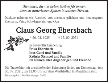 Traueranzeige von Claus Georg Ebersbach  von Magdeburger Volksstimme