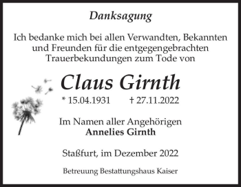 Traueranzeige von Claus Girnth  von Magdeburger Volksstimme