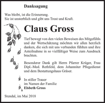 Traueranzeige von Claus Gross  von Magdeburger Volksstimme