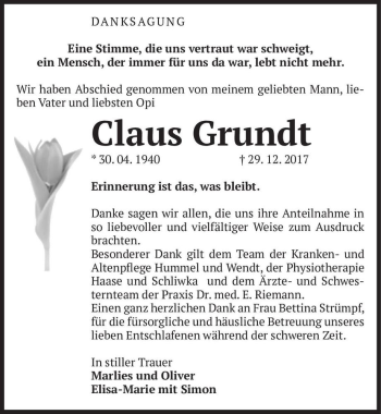 Traueranzeige von Claus Grundt  von Magdeburger Volksstimme