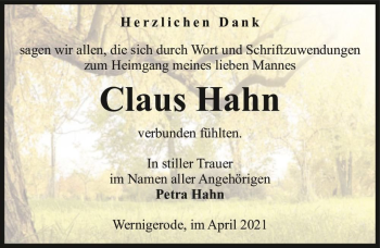Traueranzeige von Claus Hahn  von Magdeburger Volksstimme